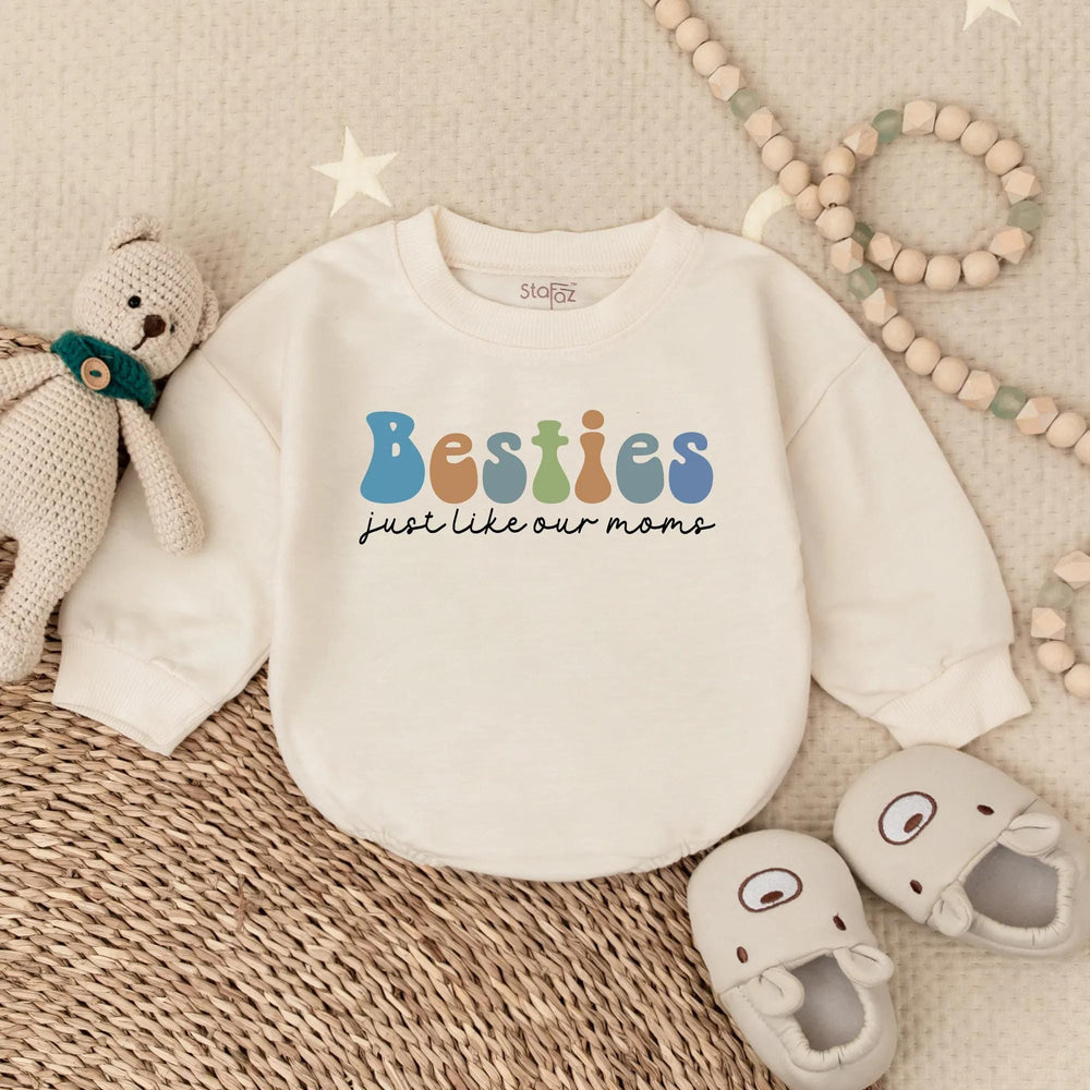 Besties Just Like Our Moms Baby Bubble Romper Retro 70s Design Cute Toddler Outfit Soft Cotton Infant Gift Playful Earthy Colors