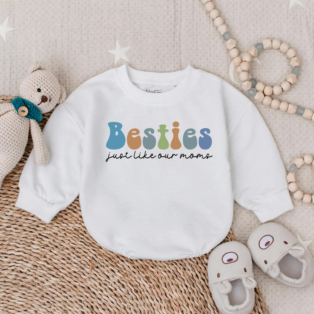 Besties Just Like Our Moms Baby Bubble Romper Retro 70s Design Cute Toddler Outfit Soft Cotton Infant Gift Playful Earthy Colors