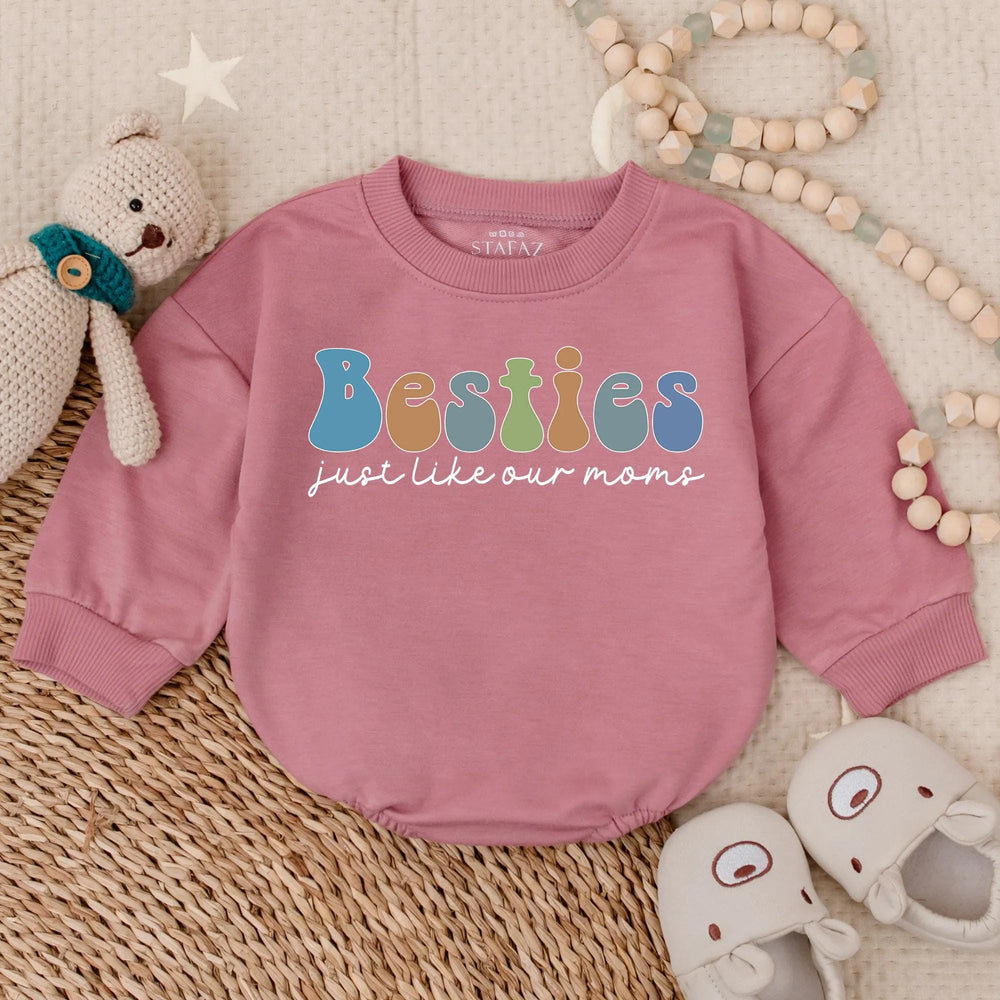 Besties Just Like Our Moms Baby Bubble Romper Retro 70s Design Cute Toddler Outfit Soft Cotton Infant Gift Playful Earthy Colors