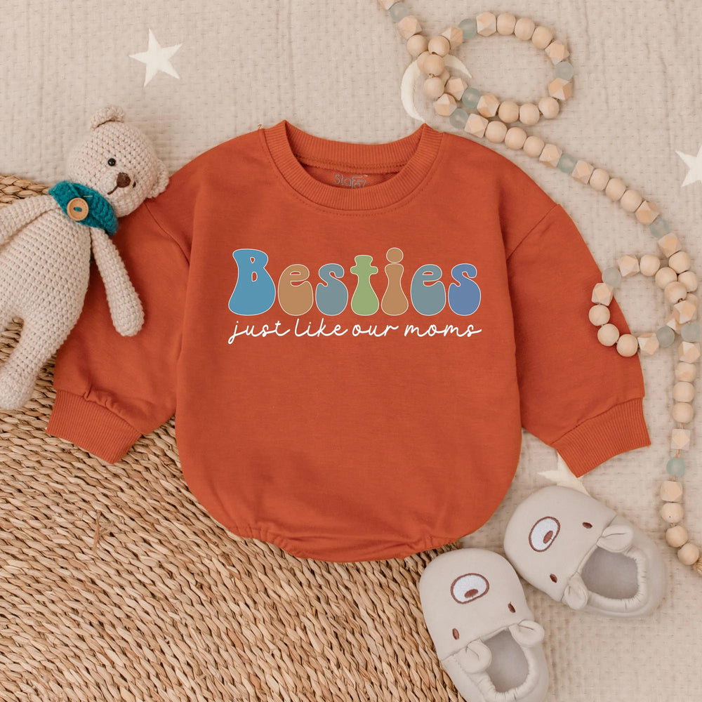 Besties Just Like Our Moms Baby Bubble Romper Retro 70s Design Cute Toddler Outfit Soft Cotton Infant Gift Playful Earthy Colors