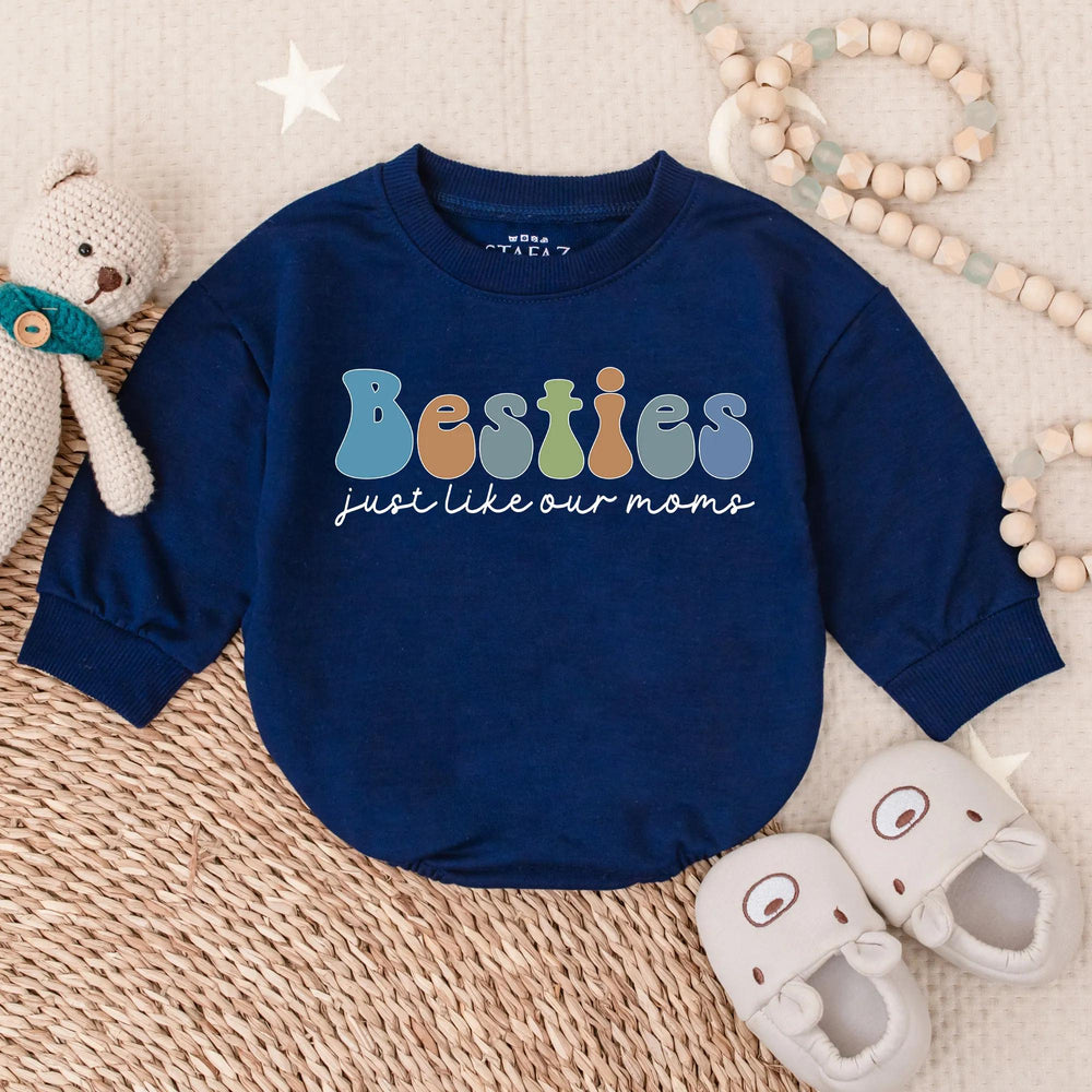 Besties Just Like Our Moms Baby Bubble Romper Retro 70s Design Cute Toddler Outfit Soft Cotton Infant Gift Playful Earthy Colors