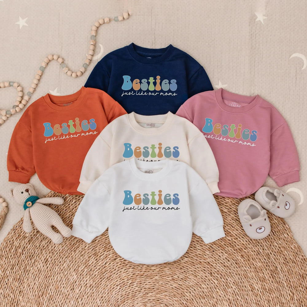 Besties Just Like Our Moms Baby Bubble Romper Retro 70s Design Cute Toddler Outfit Soft Cotton Infant Gift Playful Earthy Colors