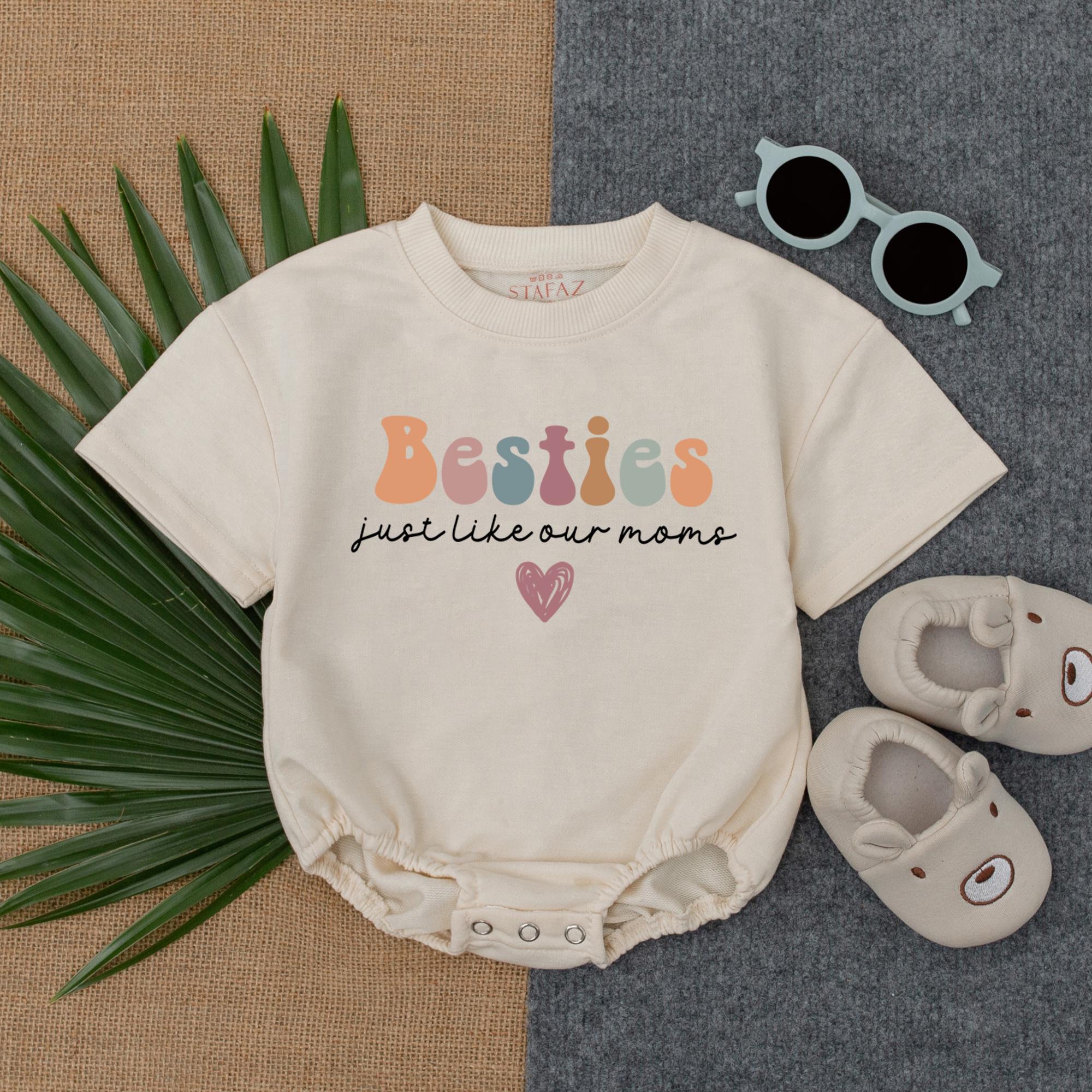 Besties Just Like Our Moms Baby Romper Colorful Multicolored Font Heart Design Short Sleeve Infant Outfit Soft Cotton Playful Clothes