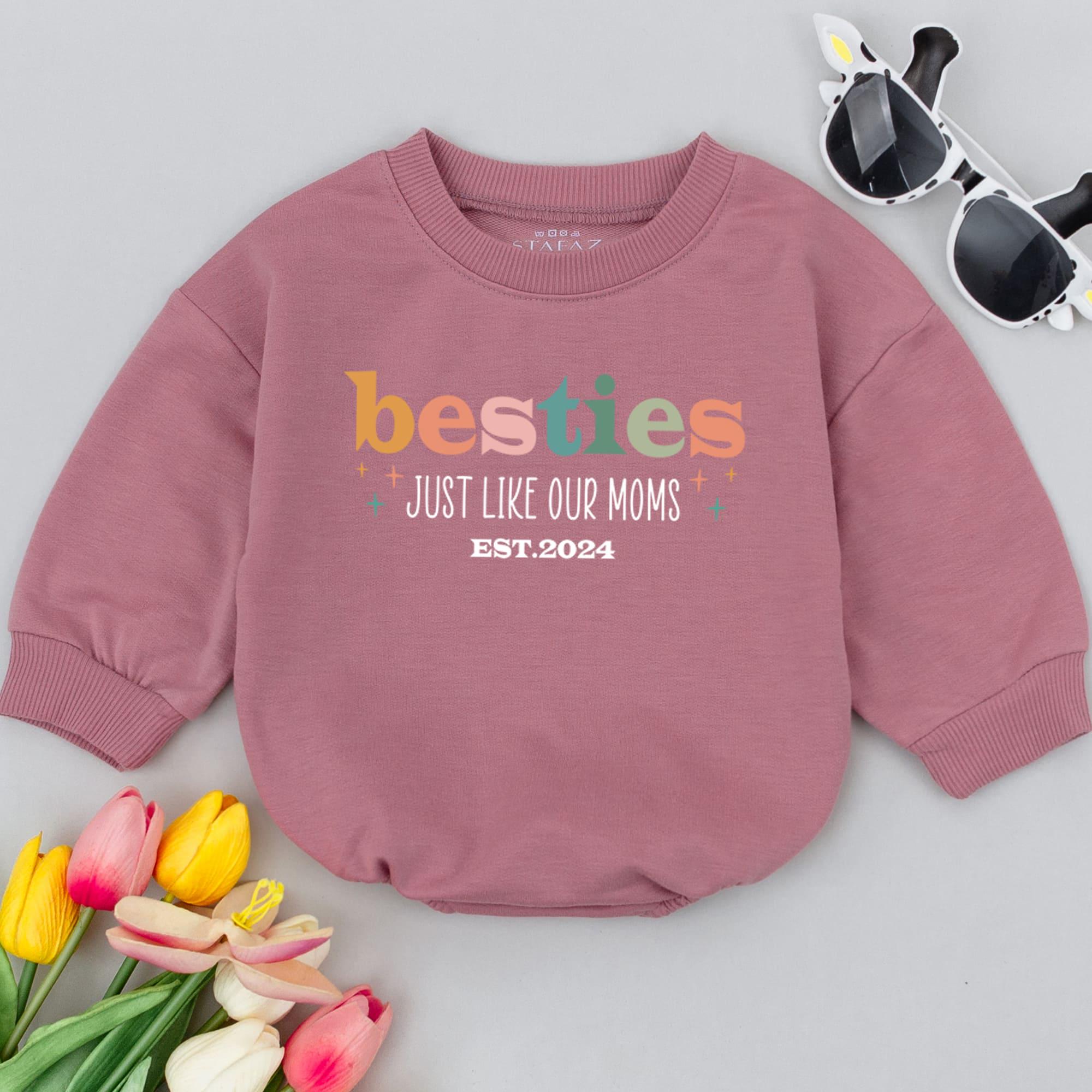 Besties Just Like Our Moms Baby Romper Cute Multicolored Font Infant Outfit Soft Cotton Funny New Mom Gift BFF Baby Shower Keepsake