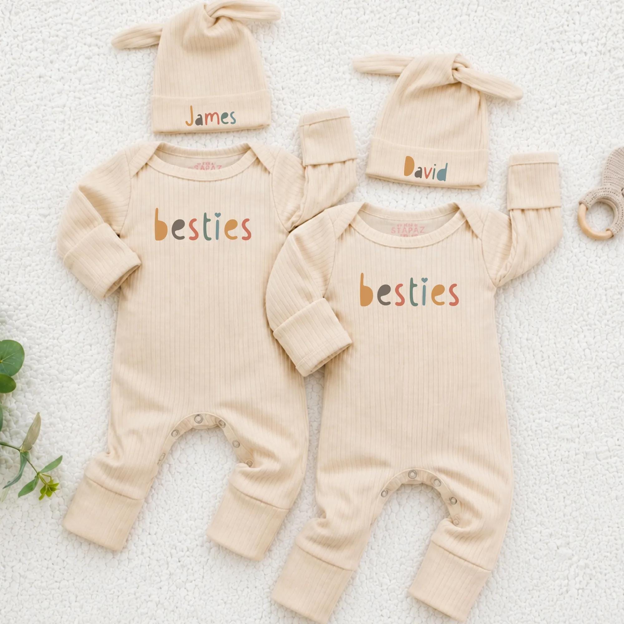 Besties Twin Baby Bodysuit and Hat Set with Custom Names, Matching Newborn Outfit for Siblings, Adorable Baby Shower Gift