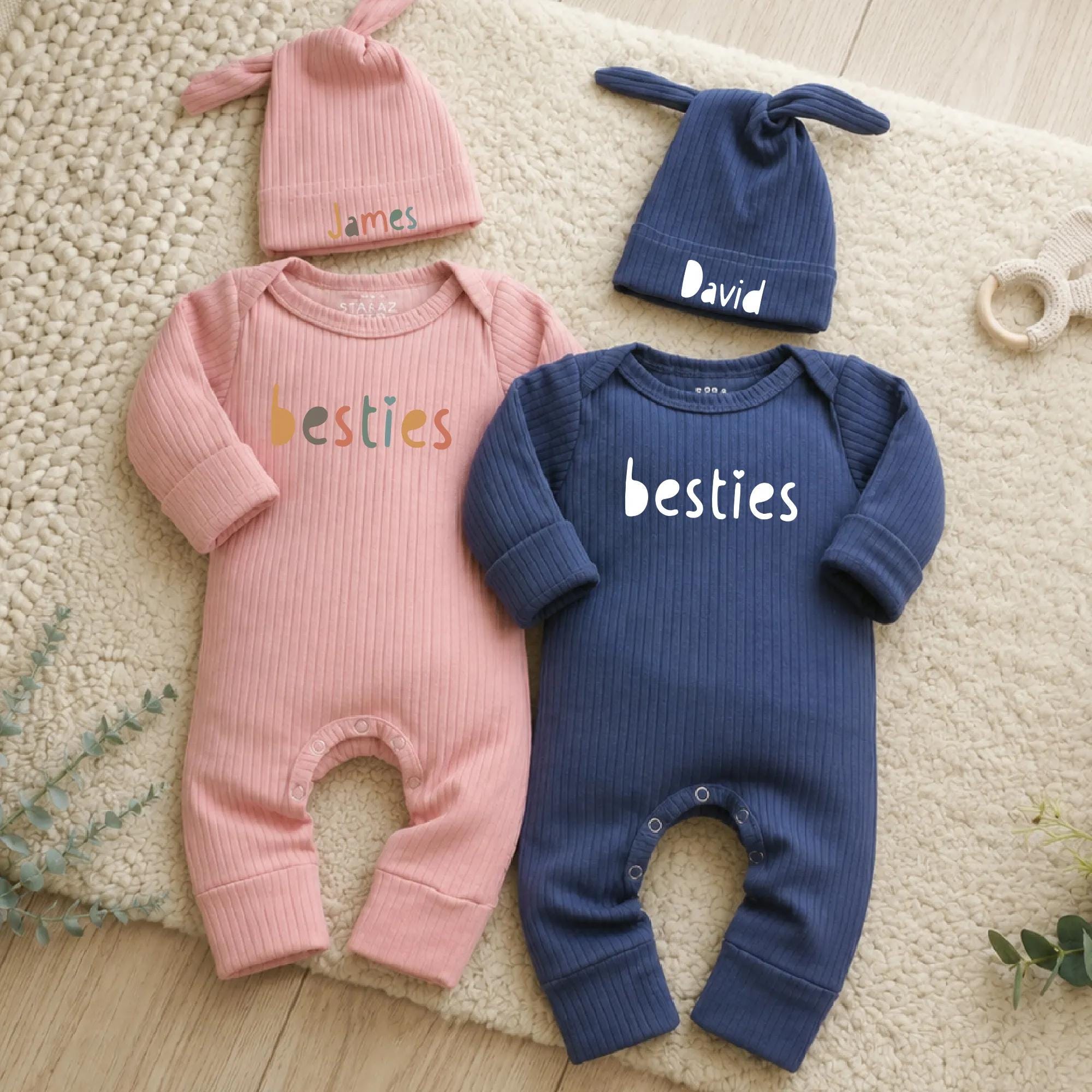 Besties Twin Baby Bodysuit and Hat Set with Custom Names, Matching Newborn Outfit for Siblings, Adorable Baby Shower Gift