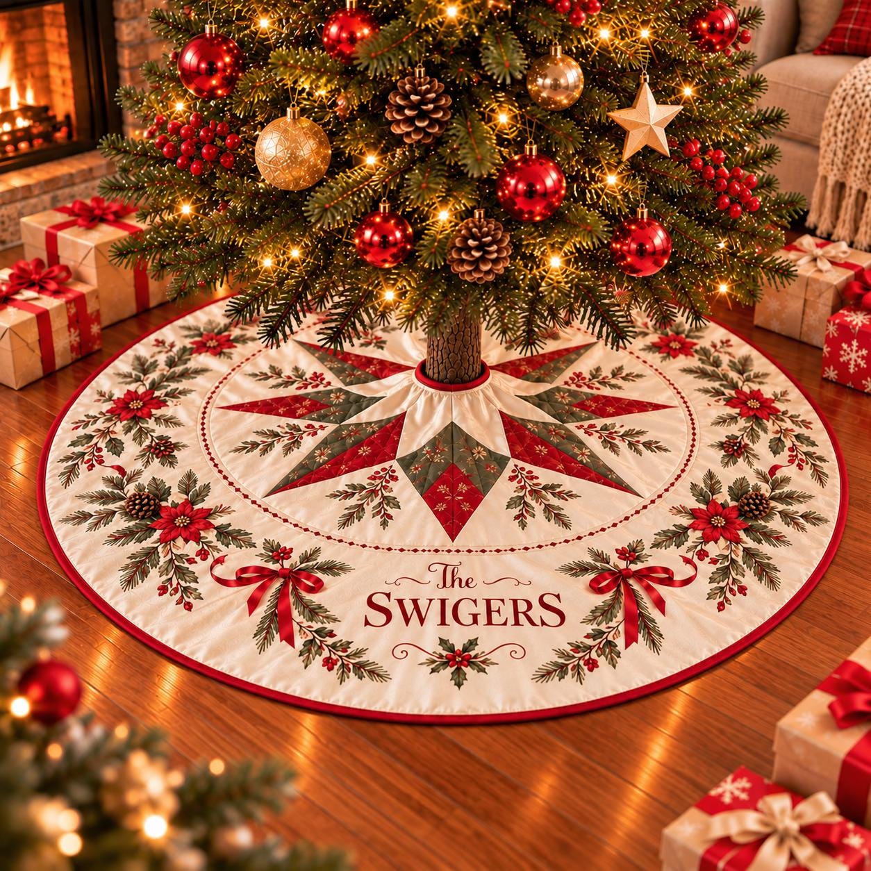 Bethlehem Star Christmas Tree Skirt with Holiday Florals and Custom Family Name, Elegant Personalized Christmas Decor
