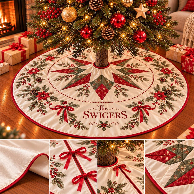 Bethlehem Star Christmas Tree Skirt with Holiday Florals and Custom Family Name, Elegant Personalized Christmas Decor