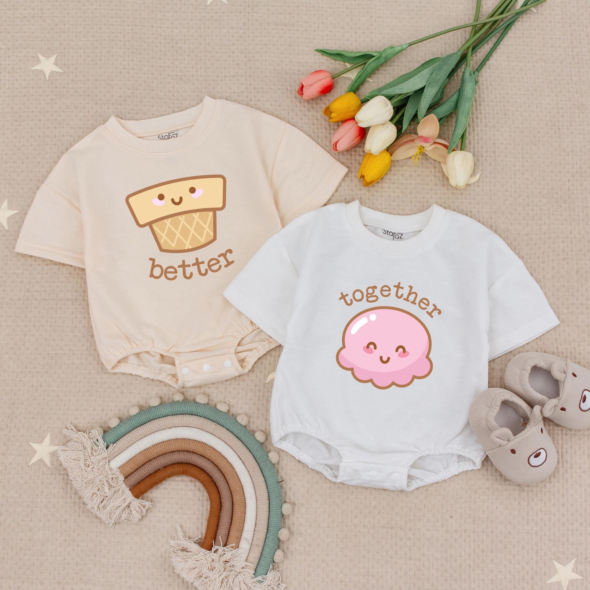 Better Together Ice Cream Baby Rompers with Cute Cone & Scoop Graphics, Funny Twin Outfits for Newborns, Baby Shower Gift Idea
