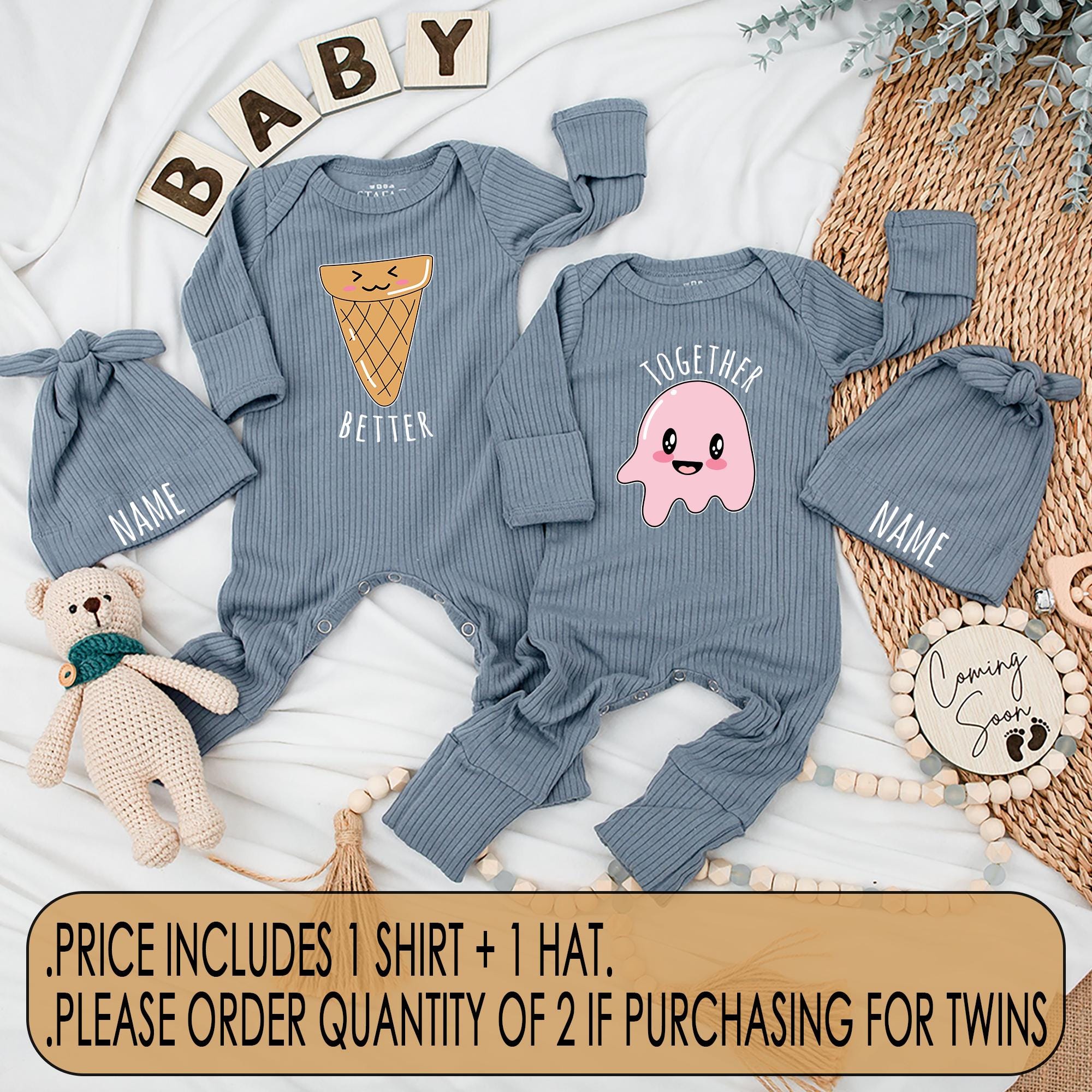 Better Together Twin Baby Bodysuit Ice Cream Pink Jelly Matching Outfit Soft Cotton Newborn Gift Playful Pastel Design