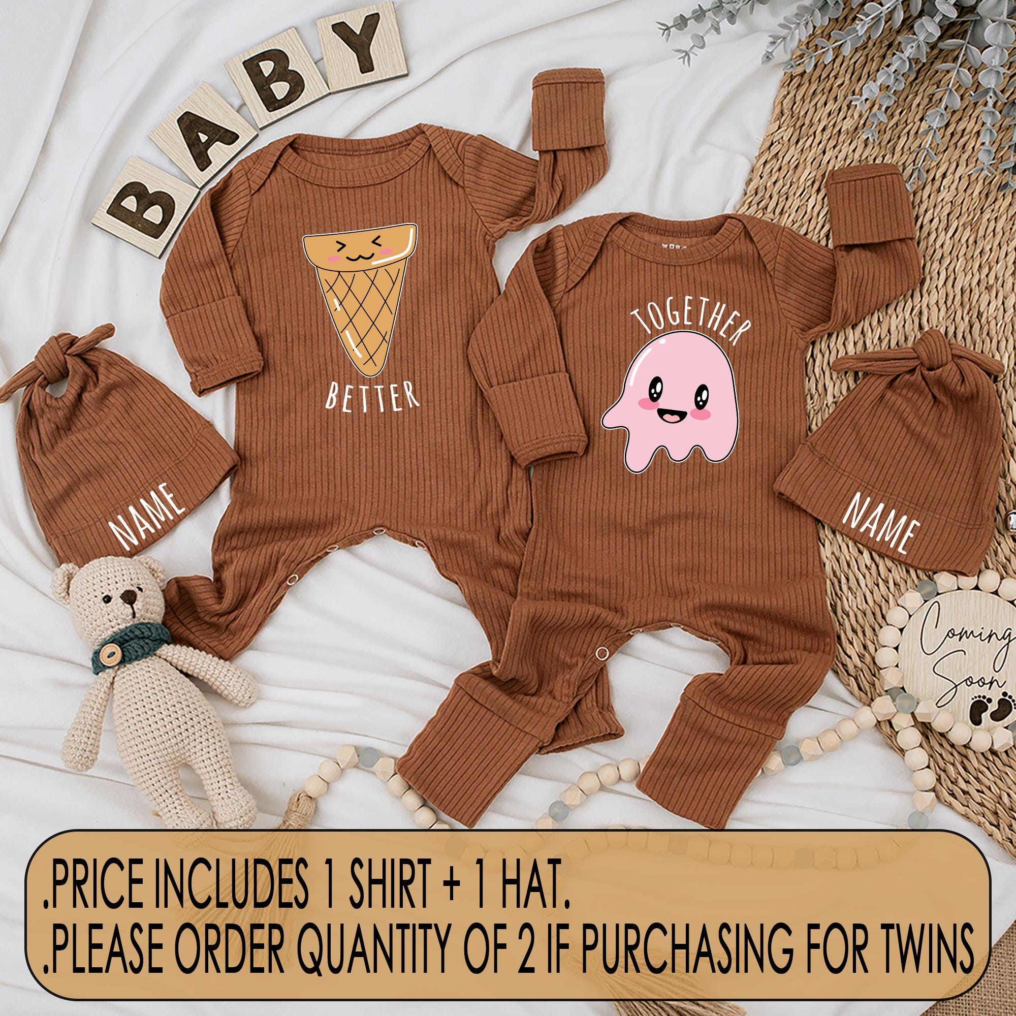 Better Together Twin Baby Bodysuit Ice Cream Pink Jelly Matching Outfit Soft Cotton Newborn Gift Playful Pastel Design