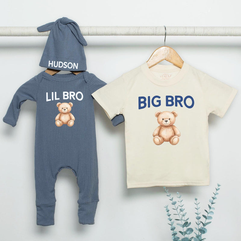Big Bro Lil Bro Teddy Bear Shirt Custom Name Outfit Soft Cotton Baby Romper Toddler Matching Brother Clothes Sweet Newborn Gift Idea
