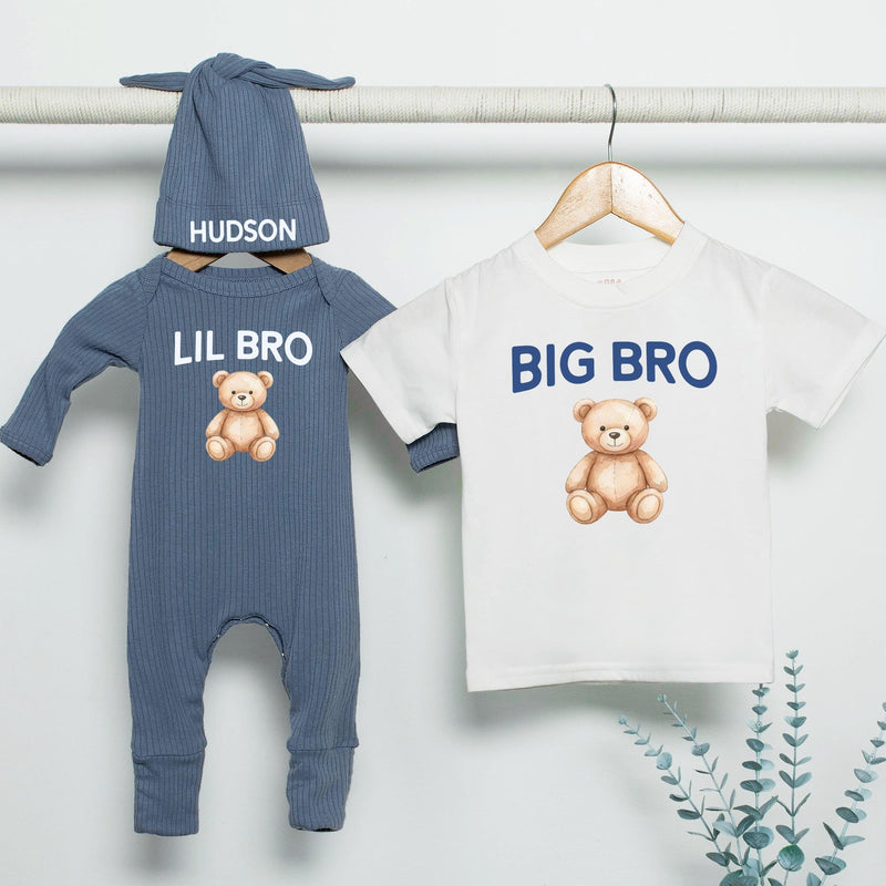 Big Bro Lil Bro Teddy Bear Shirt Custom Name Outfit Soft Cotton Baby Romper Toddler Matching Brother Clothes Sweet Newborn Gift Idea
