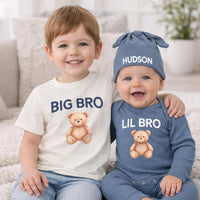 Big Bro Lil Bro Teddy Bear Shirt Custom Name Outfit Soft Cotton Baby Romper Toddler Matching Brother Clothes Sweet Newborn Gift Idea