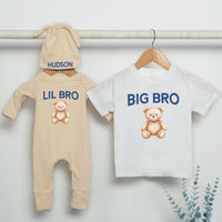 Big Bro Lil Bro Teddy Bear Shirt Custom Name Outfit Soft Cotton Baby Romper Toddler Matching Brother Clothes Sweet Newborn Gift Idea
