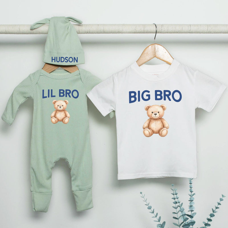 Big Bro Lil Bro Teddy Bear Shirt Custom Name Outfit Soft Cotton Baby Romper Toddler Matching Brother Clothes Sweet Newborn Gift Idea