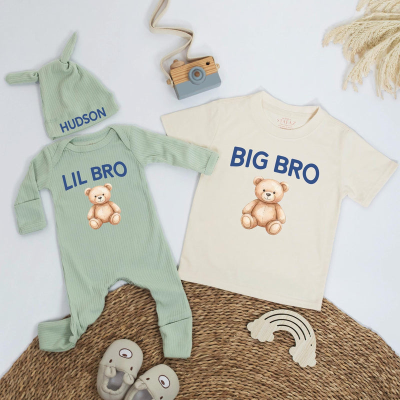 Big Bro Lil Bro Teddy Bear Shirt Custom Name Outfit Soft Cotton Baby Romper Toddler Matching Brother Clothes Sweet Newborn Gift Idea