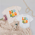 Big Bro Lil Sis Matching Outfits with Custom Names, Retro Sibling Shirts and Bodysuit Set, Colorful Family Photo Outfit