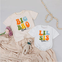 Big Bro Lil Sis Matching Outfits with Custom Names, Retro Sibling Shirts and Bodysuit Set, Colorful Family Photo Outfit