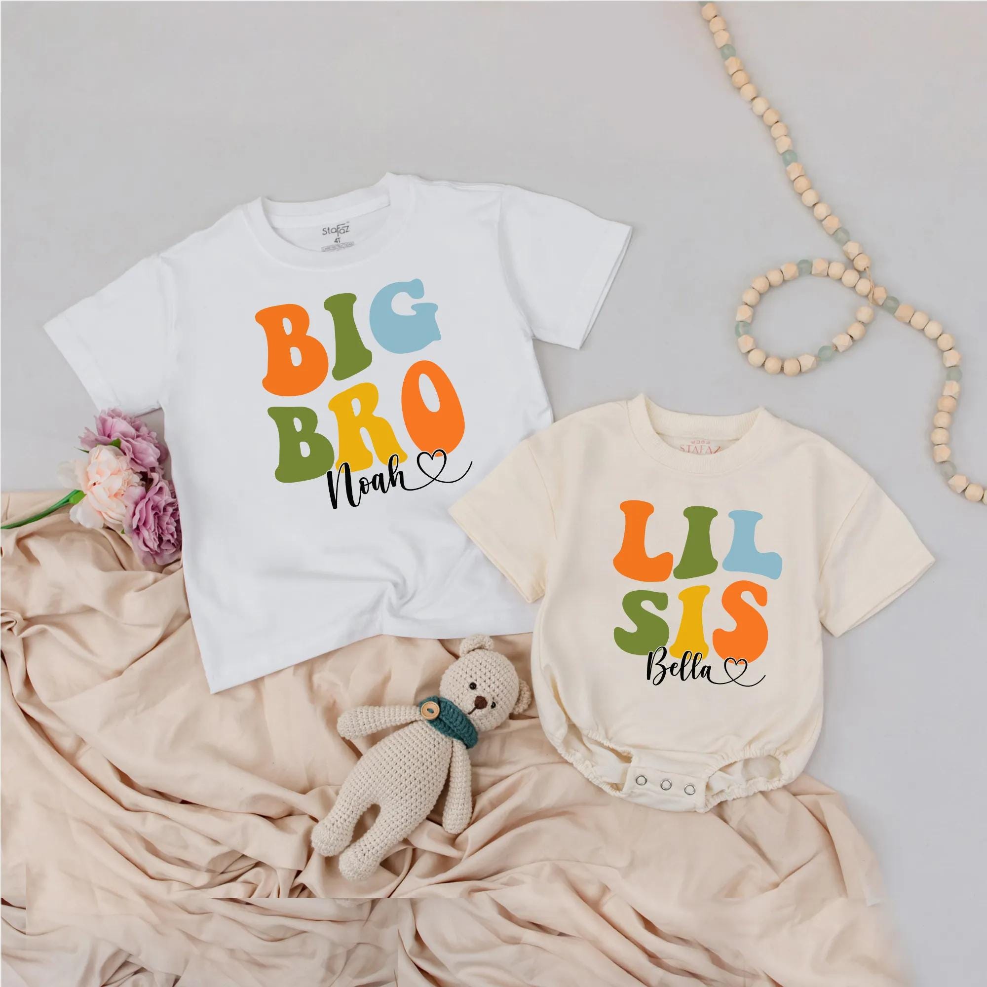 Big Bro Lil Sis Matching Outfits with Custom Names, Retro Sibling Shirts and Bodysuit Set, Colorful Family Photo Outfit