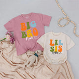 Big Bro Lil Sis Matching Outfits with Custom Names, Retro Sibling Shirts and Bodysuit Set, Colorful Family Photo Outfit