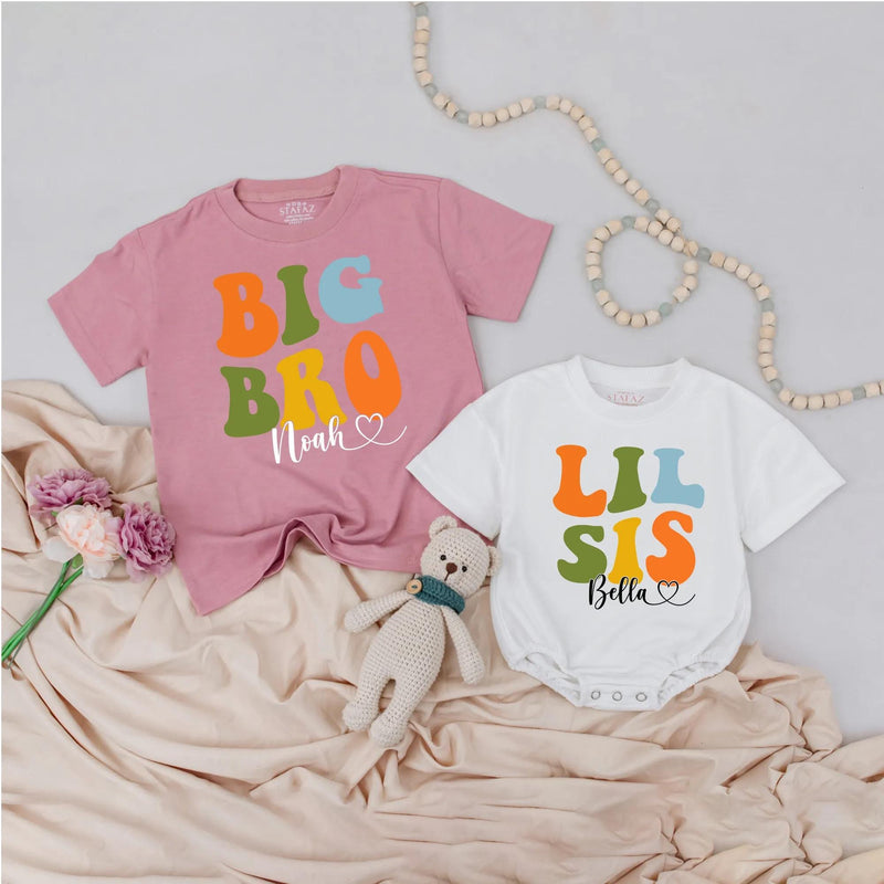 Big Bro Lil Sis Matching Outfits with Custom Names, Retro Sibling Shirts and Bodysuit Set, Colorful Family Photo Outfit