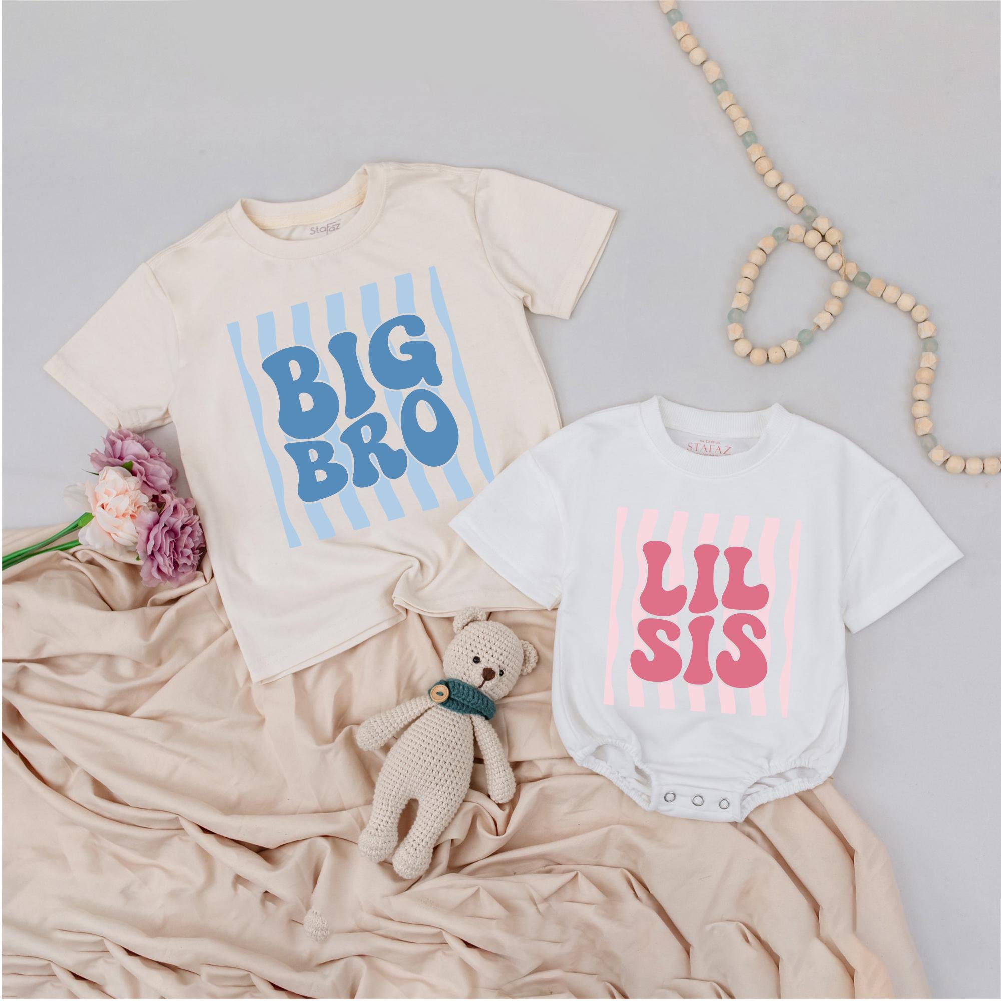 Big Bro Lil Sis Matching Sibling Shirts with Bold Striped Design, Personalized Family Outfit for Kids, Baby Shower Gift