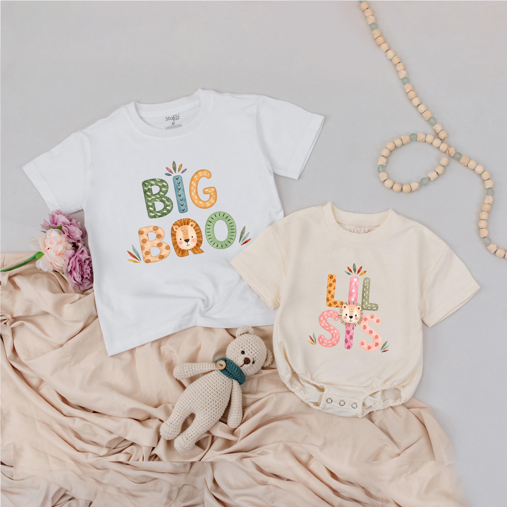 Big Bro & Lil Sis Safari-Themed Sibling Shirts, Jungle Animal Print Toddler Tee and Baby Romper Set, Baby Shower Gift Idea