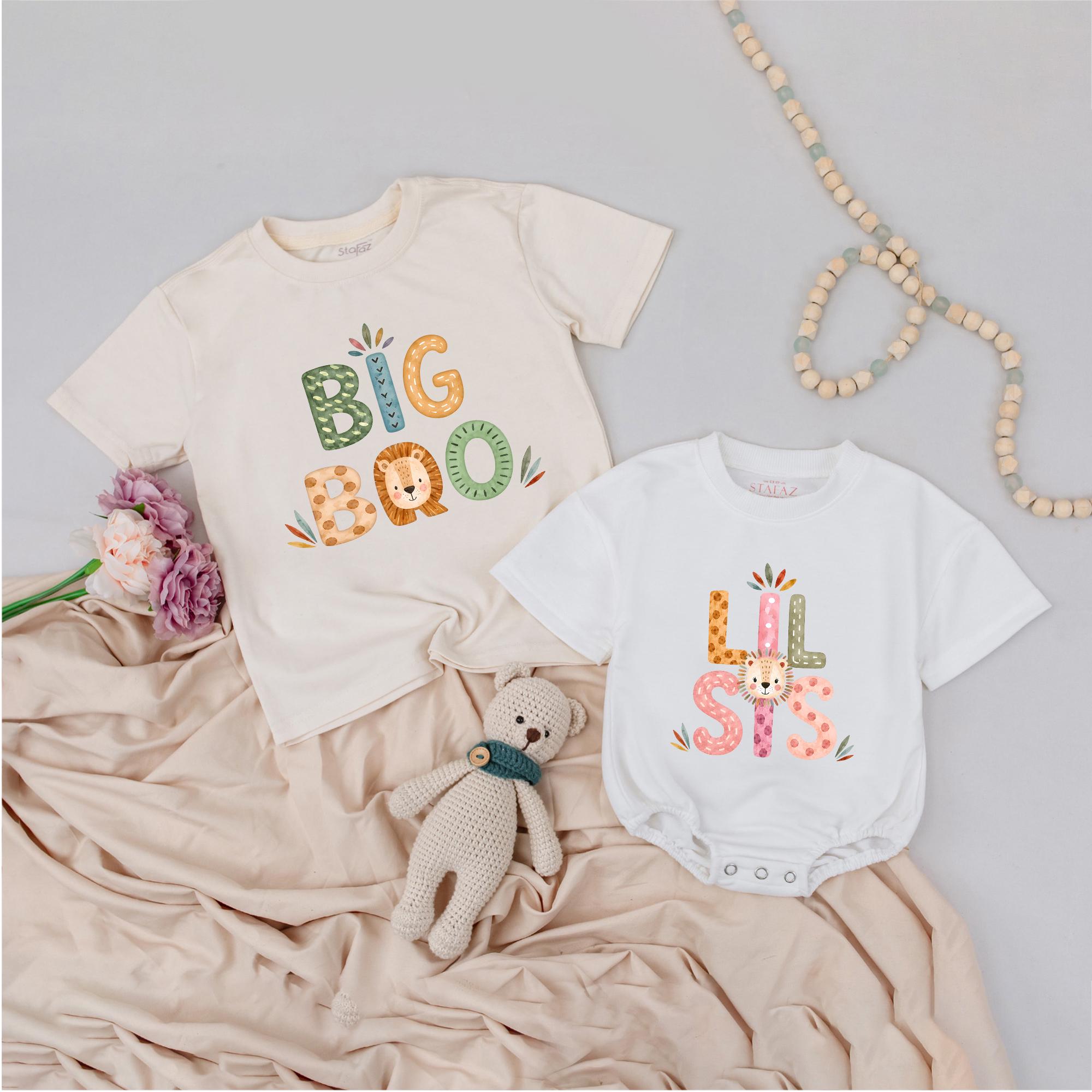Big Bro & Lil Sis Safari-Themed Sibling Shirts, Jungle Animal Print Toddler Tee and Baby Romper Set, Baby Shower Gift Idea