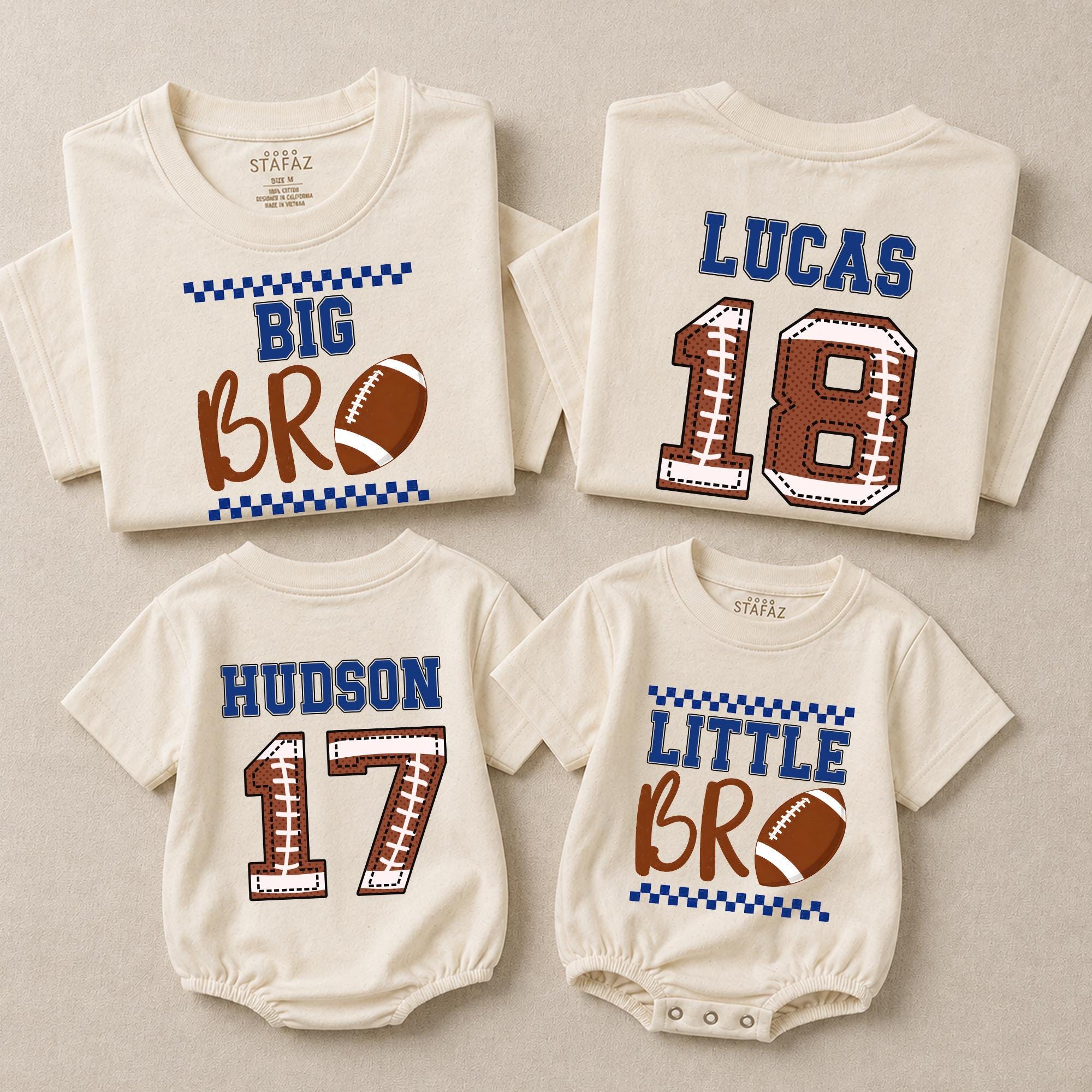 Big Bro Little Bro Football Matching Shirts with Custom Name and Number, Game Day Sibling Outfits, Personalized Family Apparel