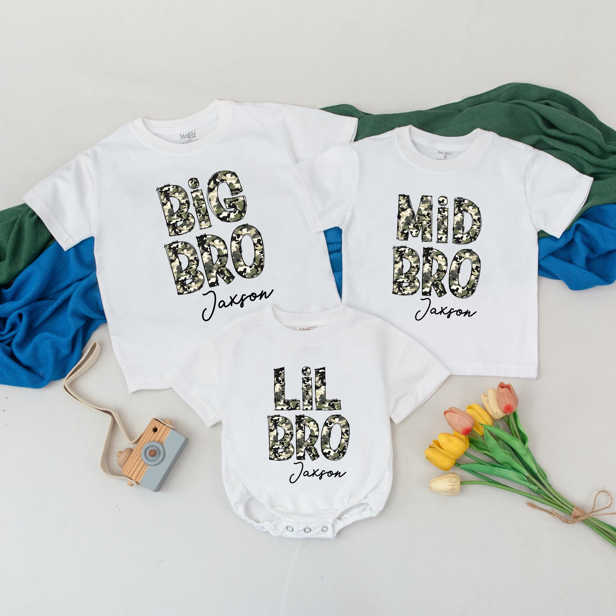 Big Bro Mid Bro Lil Bro Matching Shirts with Camo Text and Custom Name, Baby Sibling Announcement Outfit, Newborn Coming Home Set