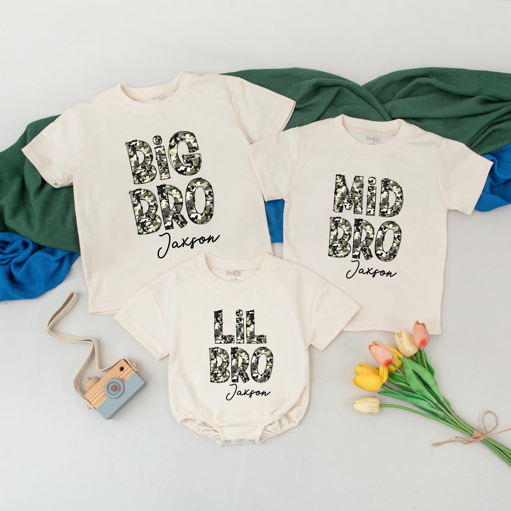 Big Bro Mid Bro Lil Bro Matching Shirts with Camo Text and Custom Name, Baby Sibling Announcement Outfit, Newborn Coming Home Set