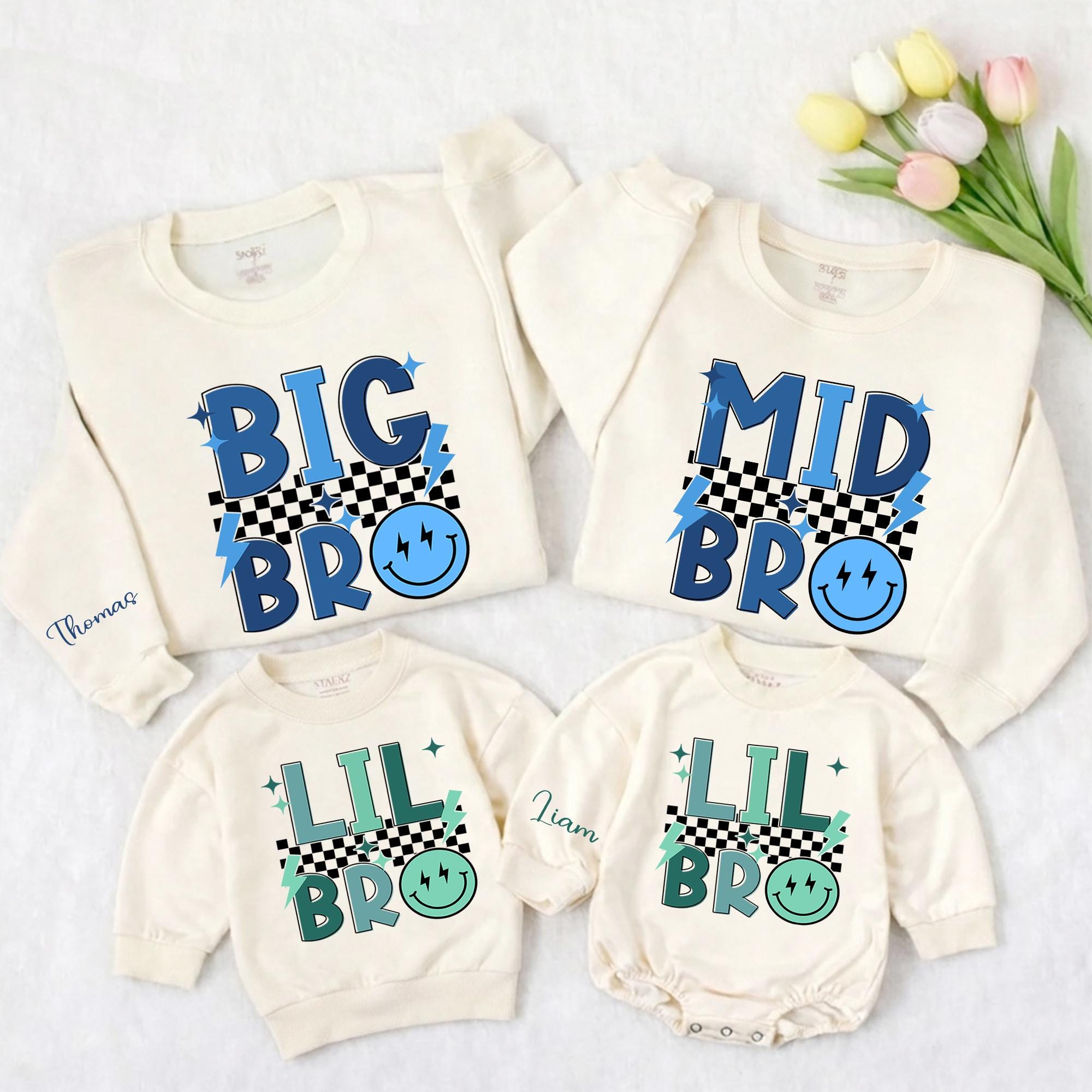 Big Bro Mid Bro Lil Bro Matching Sweatshirts with Checkered Smiley Design, Custom Name Sibling Outfits, New Baby Announcement Gift