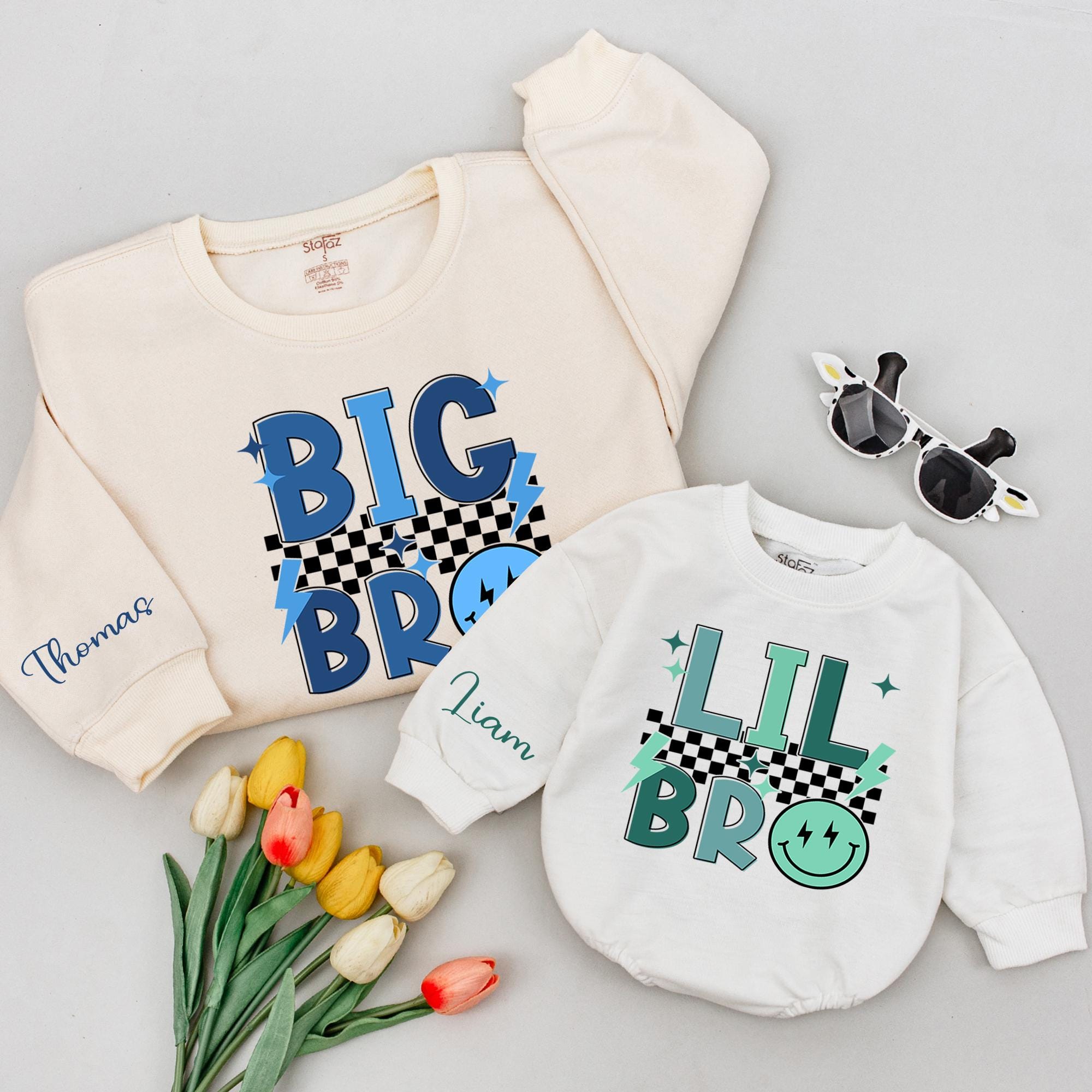 Big Bro Mid Bro Lil Bro Matching Sweatshirts with Checkered Smiley Design, Custom Name Sibling Outfits, New Baby Announcement Gift
