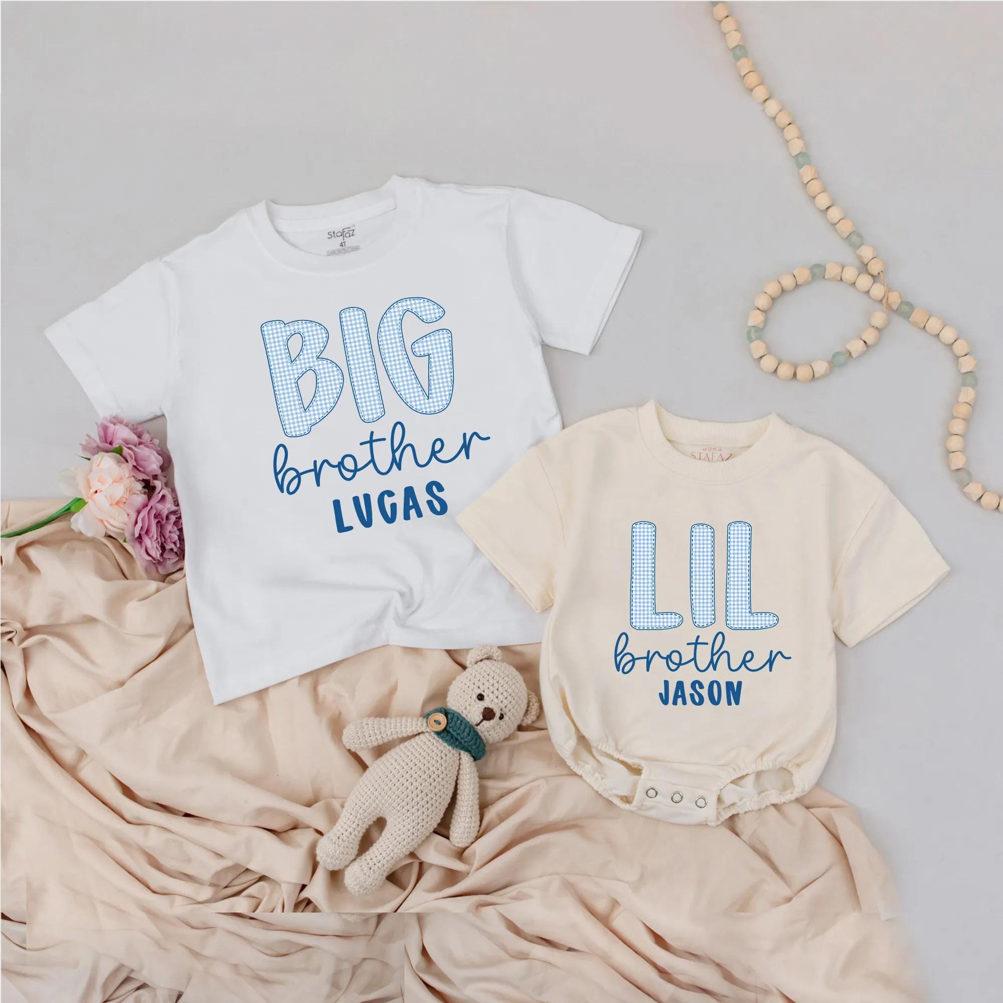 Big Brother Lil Brother Matching Outfits with Gingham Text, Custom Name Baby Announcement Shirts, Sibling Gift Set
