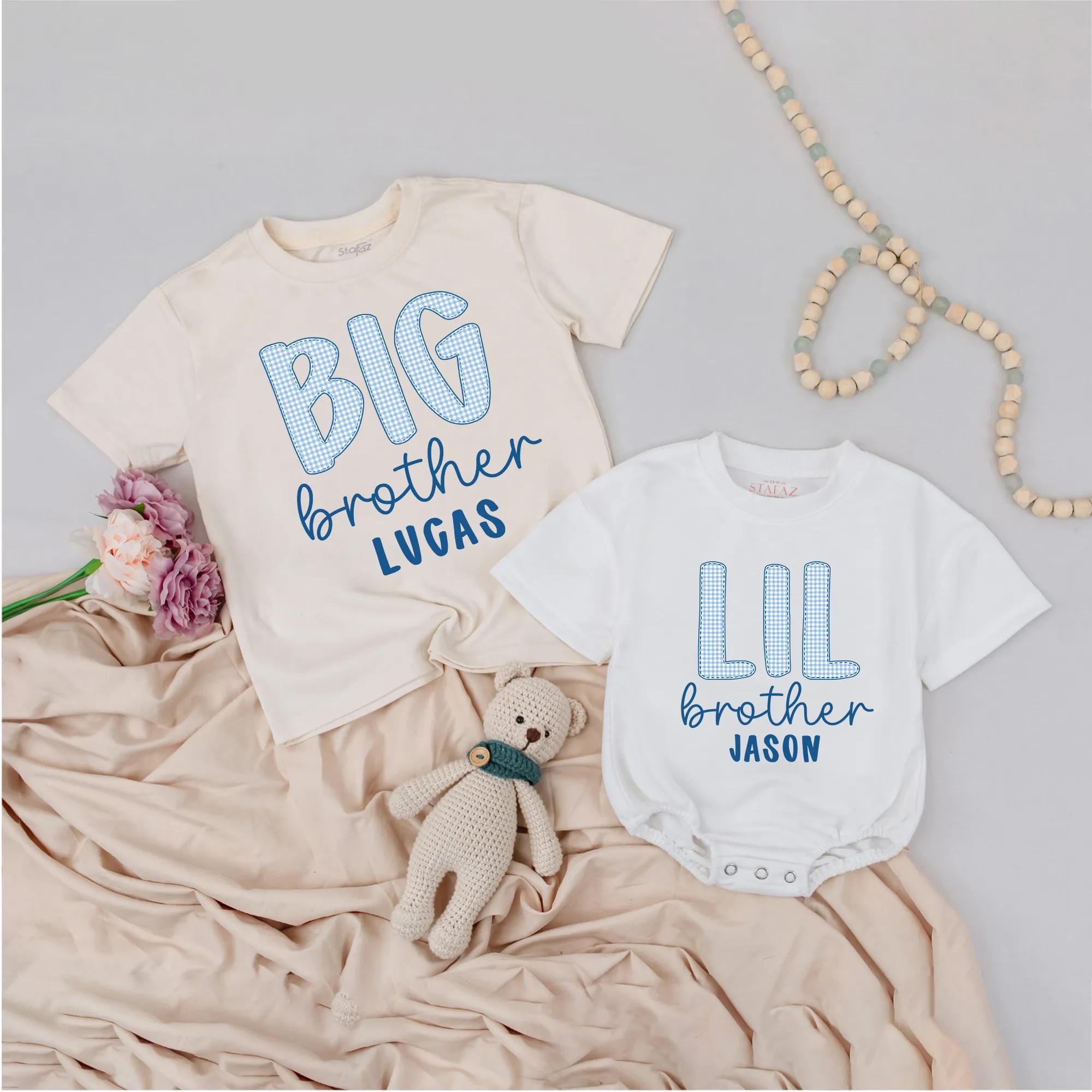 Big Brother Lil Brother Matching Outfits with Gingham Text, Custom Name Baby Announcement Shirts, Sibling Gift Set