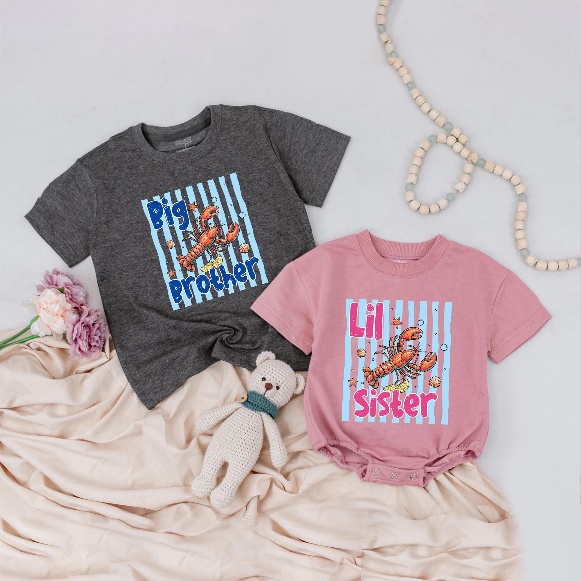 Big Brother and Lil Sister Lobster Matching Outfits, Toddler Shirt and Baby Romper Set with Custom Names, Sibling Announcement Clothes