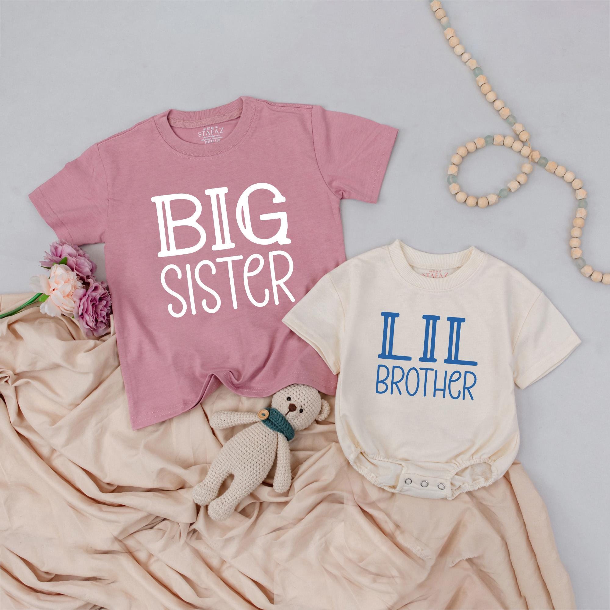 Big Brother and Lil Sister Matching Outfit Set, Sibling Announcement Shirts with Bold Blue and Pink Text, Personalized Family Gift