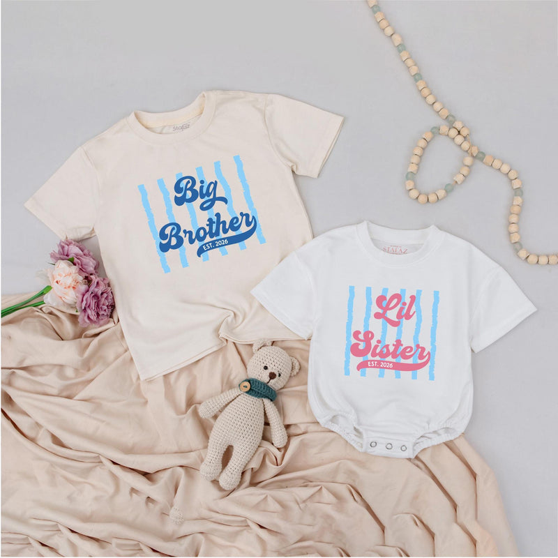 Big Brother and Lil Sister Matching Retro Shirts Custom Name Sibling Outfits with Stripes and Vintage Text Baby Announcement Gift