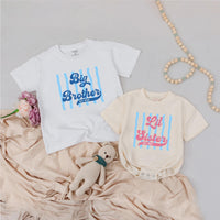 Big Brother and Lil Sister Matching Retro Shirts Custom Name Sibling Outfits with Stripes and Vintage Text Baby Announcement Gift