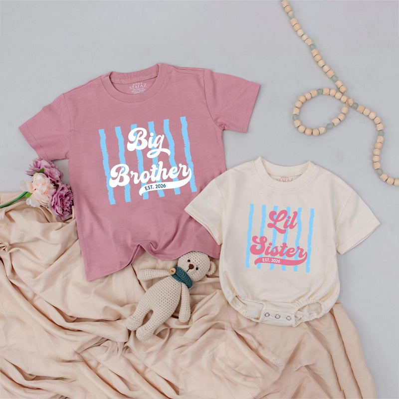 Big Brother and Lil Sister Matching Retro Shirts Custom Name Sibling Outfits with Stripes and Vintage Text Baby Announcement Gift
