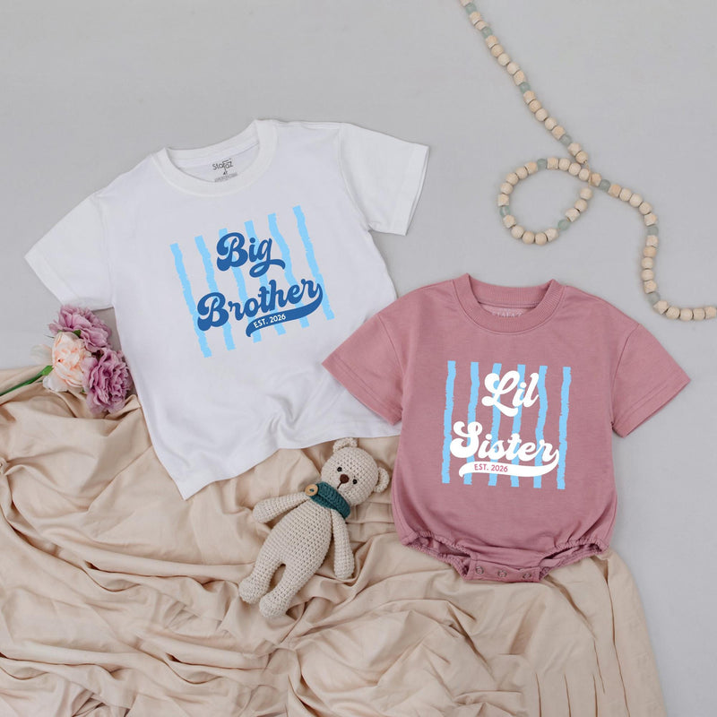 Big Brother and Lil Sister Matching Retro Shirts Custom Name Sibling Outfits with Stripes and Vintage Text Baby Announcement Gift