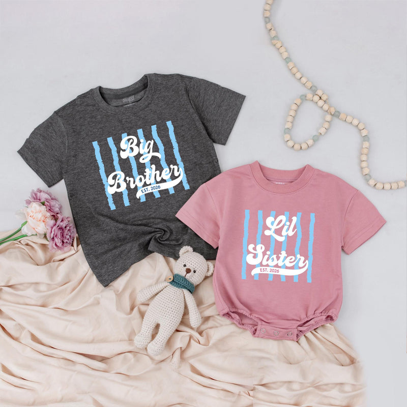 Big Brother and Lil Sister Matching Retro Shirts Custom Name Sibling Outfits with Stripes and Vintage Text Baby Announcement Gift