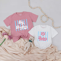 Big Brother and Lil Sister Matching Retro Shirts Custom Name Sibling Outfits with Stripes and Vintage Text Baby Announcement Gift