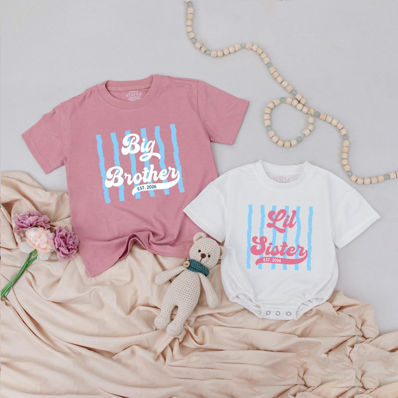 Big Brother and Lil Sister Matching Retro Shirts Custom Name Sibling Outfits with Stripes and Vintage Text Baby Announcement Gift