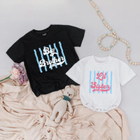 Big Brother and Lil Sister Matching Retro Shirts Custom Name Sibling Outfits with Stripes and Vintage Text Baby Announcement Gift