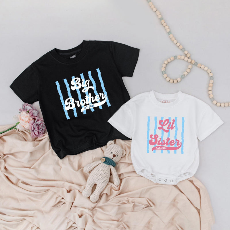 Big Brother and Lil Sister Matching Retro Shirts Custom Name Sibling Outfits with Stripes and Vintage Text Baby Announcement Gift