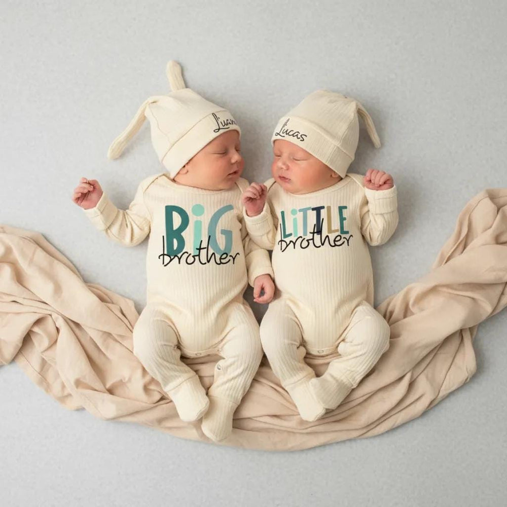 Big Brother Little Brother Matching Bodysuit and Hat Set Custom Baby Toddler Outfit Modern Typography Baby Shower Gift Coming Home Clothes