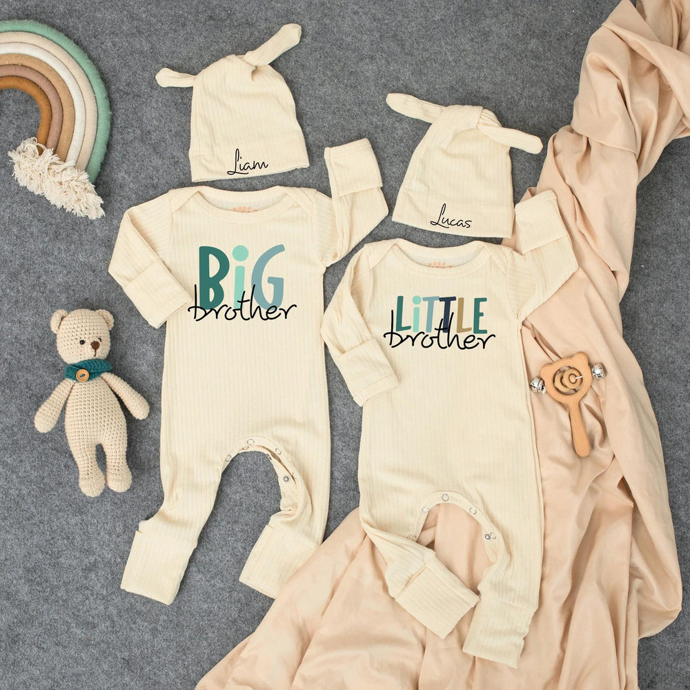 Big Brother Little Brother Matching Bodysuit and Hat Set Custom Baby Toddler Outfit Modern Typography Baby Shower Gift Coming Home Clothes