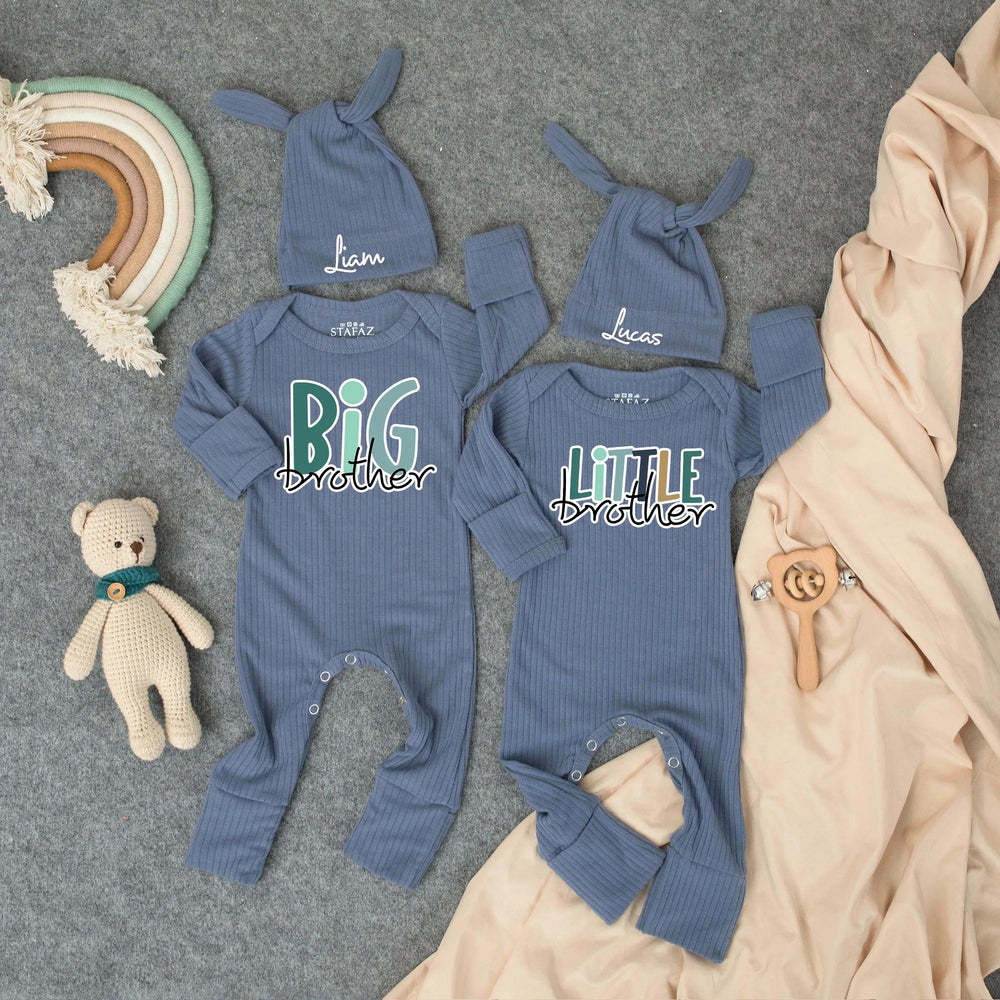 Big Brother Little Brother Matching Bodysuit and Hat Set Custom Baby Toddler Outfit Modern Typography Baby Shower Gift Coming Home Clothes